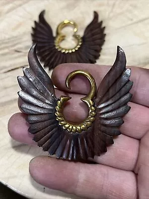 PAIR TRIBAL 8g 3mm Brass SONO WOOD WINGS EAR WEIGHTS PLUGS GAUGE • $29.99