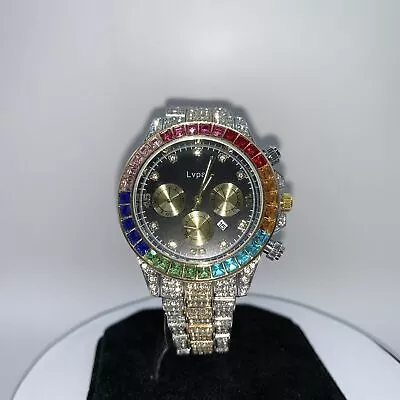 Unisex Iced Out Silver Gold Colour Lvpai Rainbow Bezel Luxury Quartz Watch  • £24.99