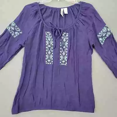 Mudd Womens Shirt Size M Dressy Tunic Embroidered Blue Tie Scoop 3/4 Sleeves Top • $13