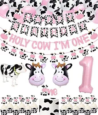 62 Packs Cow 1st Birthday Party Kit Holy Cow I'm One Banner Happy Birthday Ba... • $23.17