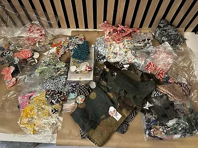 Job Lot Bundle Fabric Offcuts Material Scraps Tweed Small Print Resin Doll Beads • £8