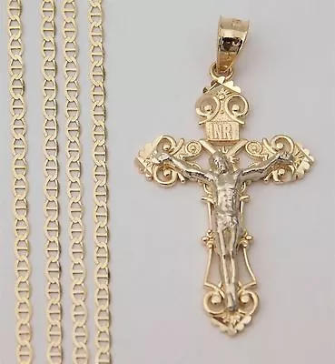 $189.99 • Buy Real 14k Yellow White Gold Jesus Cross Crucifix Charm Pendant Mariner Chain 20 