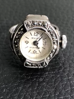 Stunning Antique 925 Silver Marcasite Repa Foreign Mechanical Finger Watch Ring • $55.99