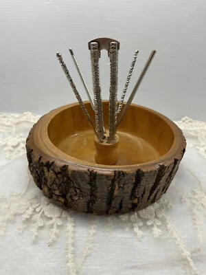 $22.50 • Buy Vintage Nut Cracker Set With Wooden Log Bark Nut 6”  Bowl With Nut Cracker/Picks