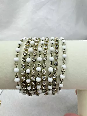 Vintage Multi Strand White Glass Bead Alternating Clear Rhinestone Bracelet • $9.77