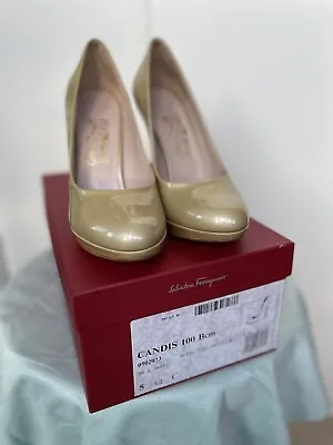 Salvatore Ferragamo Candis 100 8cm Beige Patent Leather Shoes Size 5.5 C New • $399.95