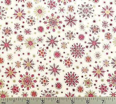 Scandi Christmas Ivory Red Metallic Gold Snowflake Holiday Cotton Fabric Andover • $3.85