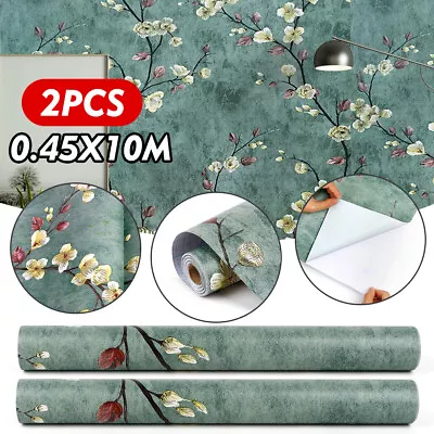 2x 10m Green Self Adhesive Floral Wallpaper Living Bed Room Home Wall Sticker UK • £20.23