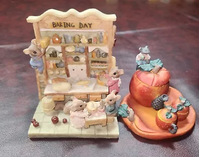 🐭🐭Vintage Baking Day Mice Figurine And Miniature Apple Red Tea Set Resin  • $21.85