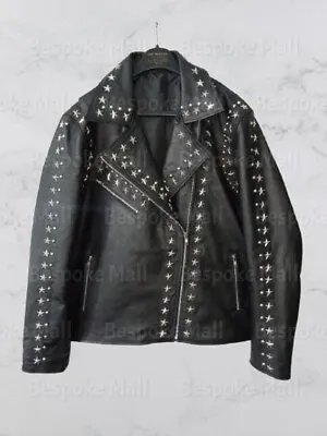 New Men's Black Silver Studded Brando Punk Genuine Cowhide Leather Jacket-992 • $234.89