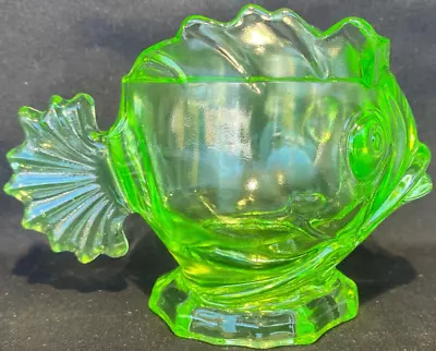 Green Vaseline Glass Fish Coffee Creamer Animal Uranium Glows Pitcher Beach Art • $29.99