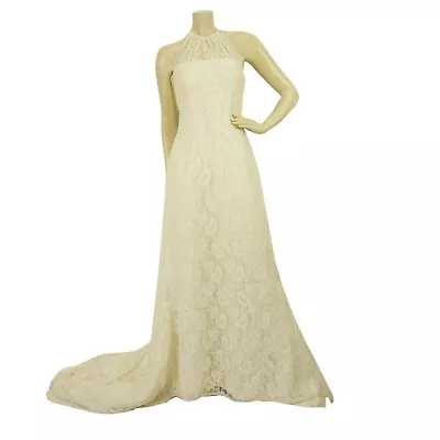 Pronovias White Beaded Floor Length Bridal Wedding Gown Halter Lace Dress 42 It • $899