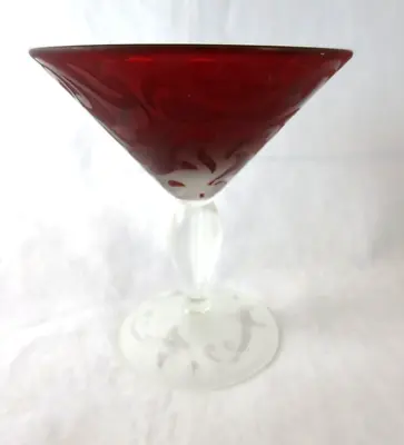 Michael Weems Ruby Red Elise Martini Glass Bulbous Stem Signed 2002 • $74.99