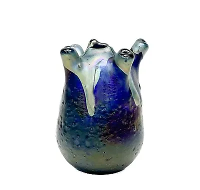 Charles Lotton Iridescent Blue Lava Cypriot Art Glass Vase Signed 1972 • $940