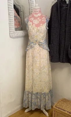 New Womens Marchesa Rose Light Yellow & Baby Blue Floral Maxi Dress S Ret $400 • $125