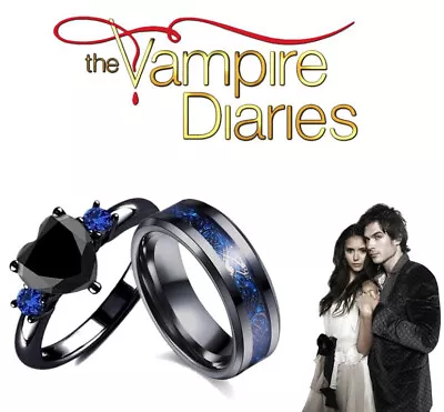 The Vampire Diaries Elena/Damon Blue Sapphire Black Onyx Tungsten Plated Ring • £9.95