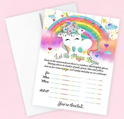 Girl Birthday Invitations Unicorn Party Invites Rainbow Slumber Party Qty 20 • $9.99