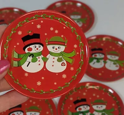 Vintage Set Of 8 Miniature Dinner Plates 3.5  Tin Mrs Frosty Snowman Hong Kong • $12.97