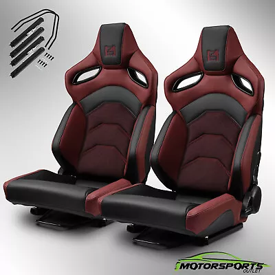 Universal Reclinable PVC Racing Seats Car Seat Pair Full Set W/Sliders Black-Red • $399.98