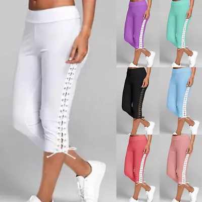 Women Lace Up Cropped Joggers Trousers Pants Yoga Sports Bottoms Leggings Size16 • £9.29