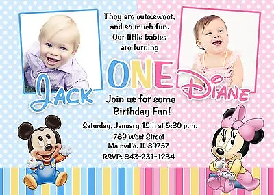 First Birthday Mickey Minnie Twins Baby Birthday Party Invitation • $8.99