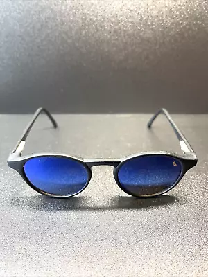 Vintage Revo Blue Mirror Iridium Matte Black Crystal Lens Round Sunglasses • $314.99