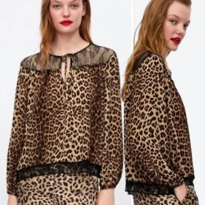 ZARA Leopard Blouse Ruffles Lace Long Sleeve Sheer Size XS Oversized • $23