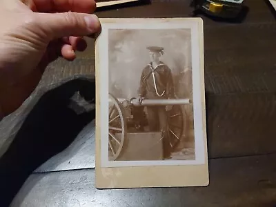 Vintage US Navy Sailor In Uniform W/ Large Cannon Photo 1800s 1900s Military • $40