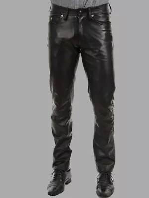 Men's Lamb Skin Casual Bikers Pants Regular Fit Genuine Black Leather Pants Soft • $119