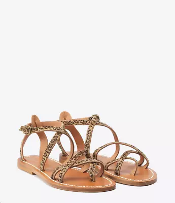 K.Jacques IRINA ?? Leather  & Fur Leopard Sandals Strappy Flat Size 38 US 7 -7.5 • $89.99