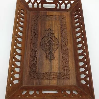 Vintage Hand Carved Solid Wood Rectangle Serving Tray Floral Pattern ~12.5x8.5x2 • $10.42