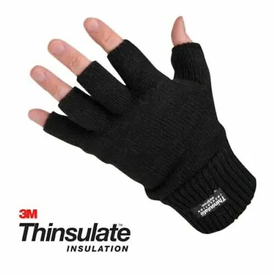 £5.49 • Buy Mens Ladies THERMAL THINSULATE FINGERLESS GLOVES Knitted Wooly 3M Black 
