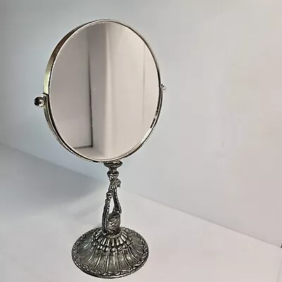 Vintage Silver Tone Vanity Swivel Mirror With Swan Base-Mirror Shows Aging Flaws • $9.97