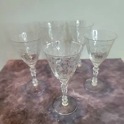 5 Fostoria Glass  Chintz Crystal 4-1/2 Ounce Claret Or Wine Goblets Set Of 5 • $65