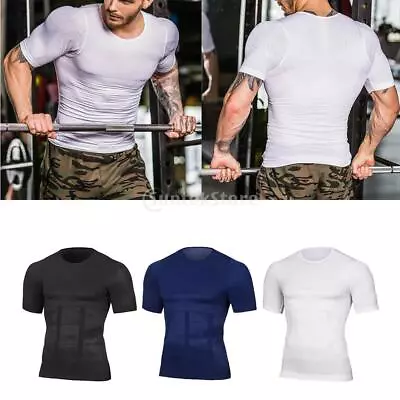 Mens Slim Compression Workout Belly Body Shaper Gym Vest Shirt Corset Muscle • £14.11