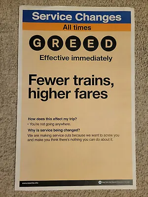 New York City Mta Subway Service Changes Announcement Spoof / Satire Poster 2010 • $20