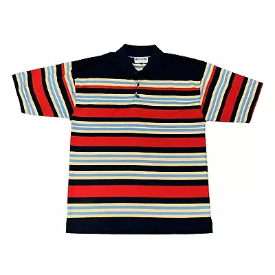 Vintage Moschino Polo Shirt Mens L Large Navy Blue Multi Striped Short Sleeve • $33.95