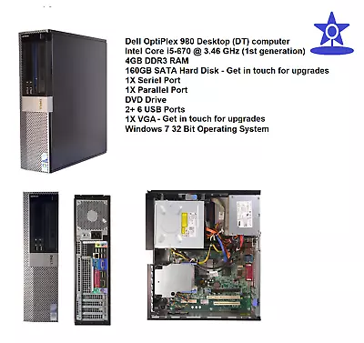 Dell 980 Desktop PC I5-670@3.4GHz  Serial &  Parallel Port Windows 7 32 Bit Win7 • $135