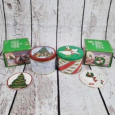 Vintage Christmas Coasters In Tin 100 Holiday Display Decor Tree Goose Felt Wax • $13.99