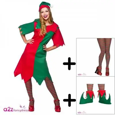 £18.99 • Buy Elf Lady - Adult Costume Set (Dress, Hat, Red/Green Striped Tights, Elf Boots)