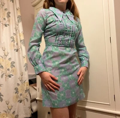 £26 • Buy Original Vintage Retro 1960s 1970s Mini Mod Dress Psychedelic Collar Floral
