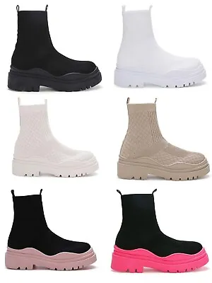 £21.99 • Buy Uk Ladies Womens Flat Slip On Sock Ankle Boots Chunky Platform Sole Chelsea Shoe