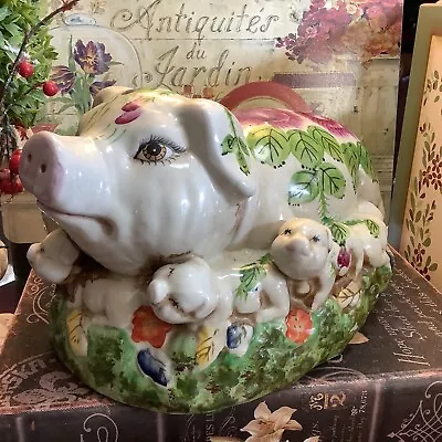 Majolica~Large Pig~w/Piglets~Hand Painted~12”L X 7.25”W~Heavy/Quality~FREE SHIP~ • $69.99