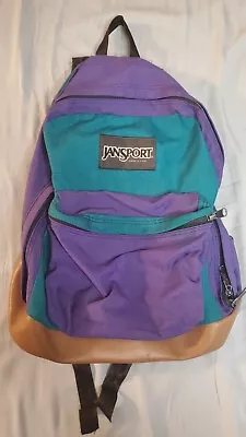 Vintage Jansport Leather Bottom Backpack Purple TealBlue Green Round Zip Top EDC • $34.99