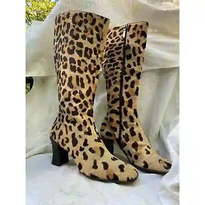 RARE Vintage Moschino Leopard Printed Leather Boots Italy Chunky Heel 41.5 US10 • $390