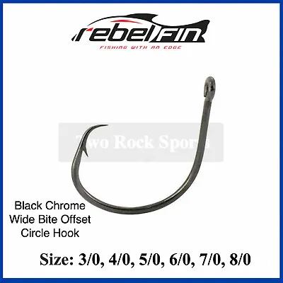 RebelFIN Wide Bite Offset CIRCLE HOOKS - Black Chrome - 3/0 4/0 5/0 6/0 7/0 8/0 • $6.02