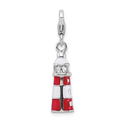 Sterling Silver Lighthouse Charm Made With Swarovski Crystals Jewerly 30mm X 7mm • £28.92