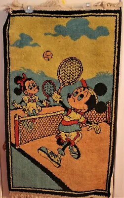 Vintage Disney Mickey & Minnie Mouse Playing Tennis Woven Rug 22X40 • $40