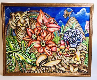 Vintage Framed Painting With Tiger Mushrooms Butterfly Rainbow Signed 1980 • $60