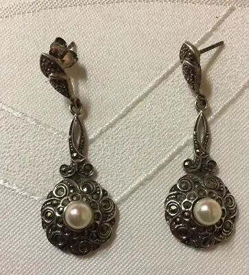 Silver And Marcasite Drop Earrings With Pearl Stone • £27.95